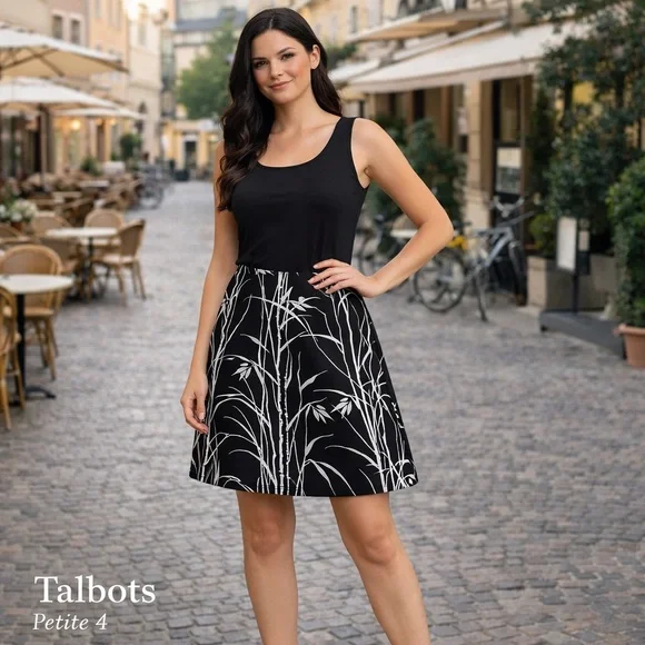 Talbots Petite 4 Black Bamboo Print A-Line Skirt | Chic European Style - Picture 1 of 10